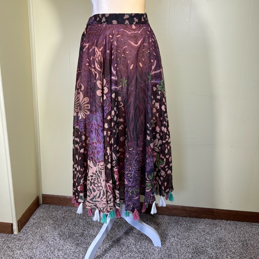 J Peterman 12 Purple Floral A Line Full Modest Maxi Skirt with fringes